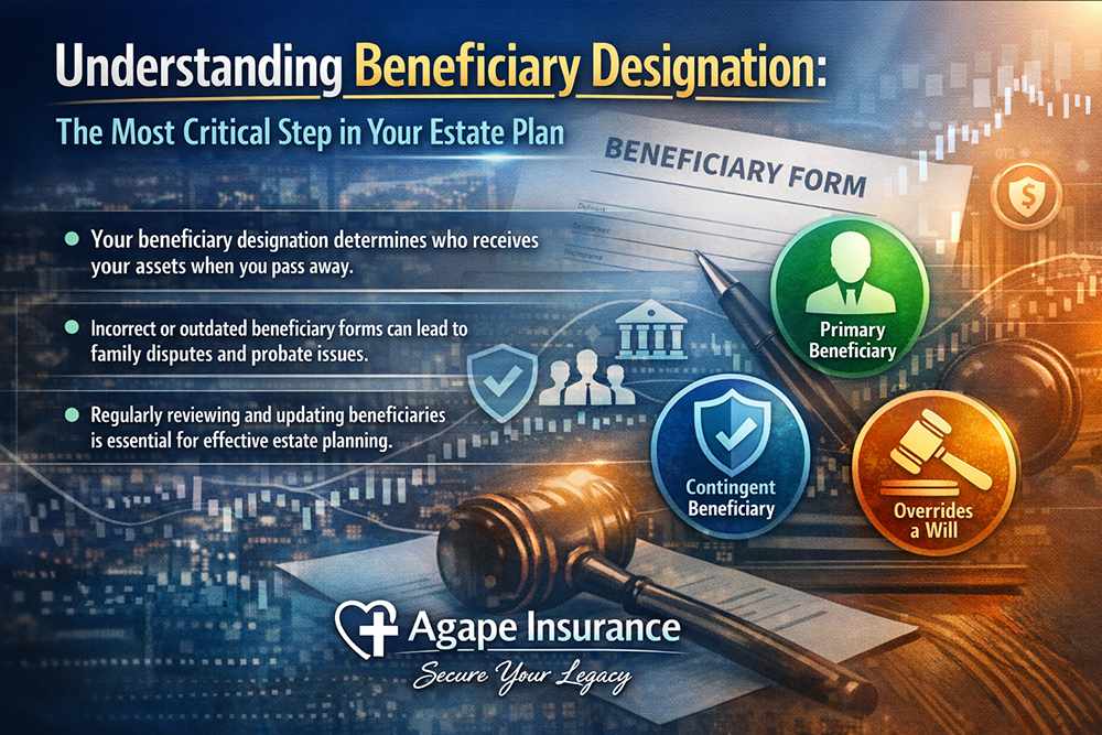 Estate planning documents showing beneficiary designation form with pen for life insurance and retirement accounts