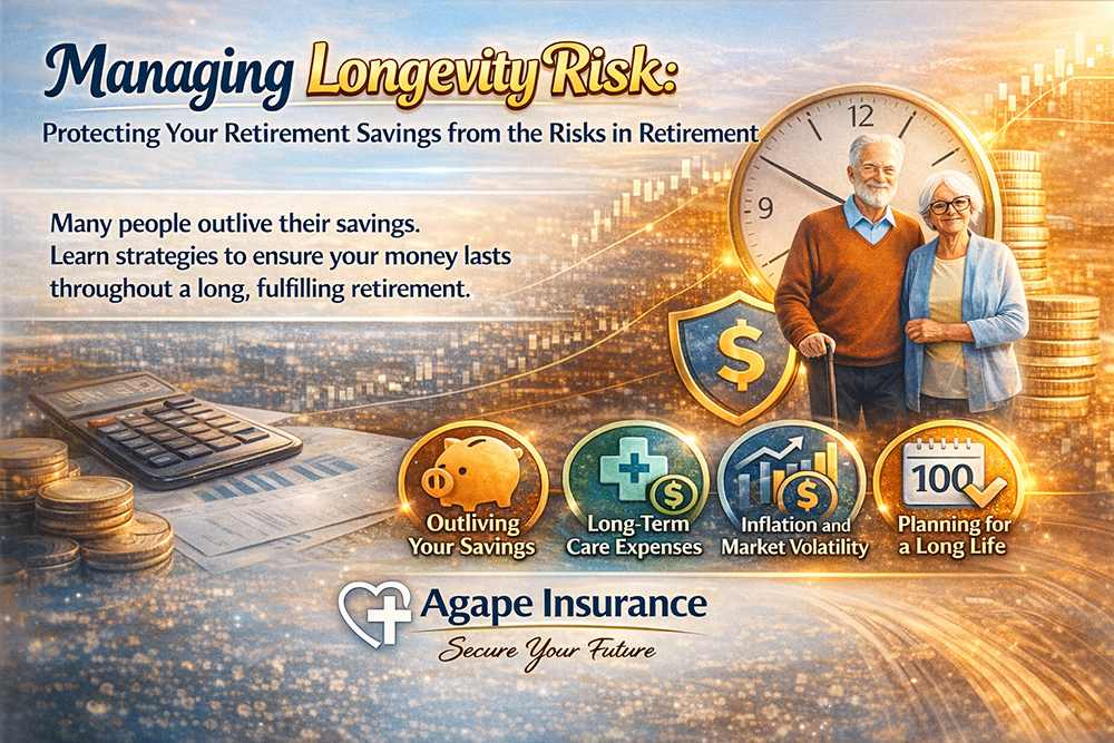 Senior couple reviewing retirement savings and longevity risk management plan with financial advisor at Agape Insurance in Tupelo