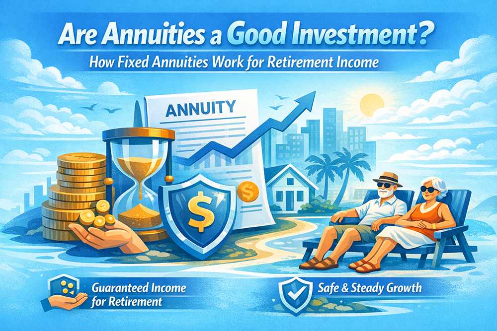 Retired couple reviewing annuity investment options with financial advisor at Agape Insurance & Financial Group for guaranteed retirement income planning